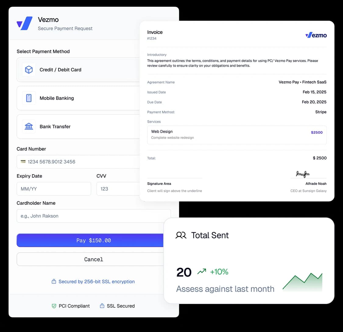 Vezmo analytics dashboard showing business performance metrics
